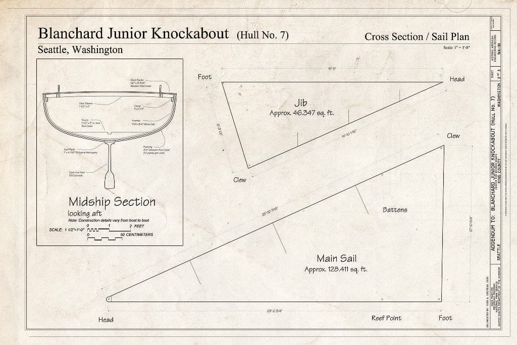 Blueprint Blanchard Junior Knockabout (Hull No. 7), Cross Section/Sail Plan - Blanchard Junior Knockabout, Hull No. 7, The Center for Wooden Boats, Seattle, King County, WA