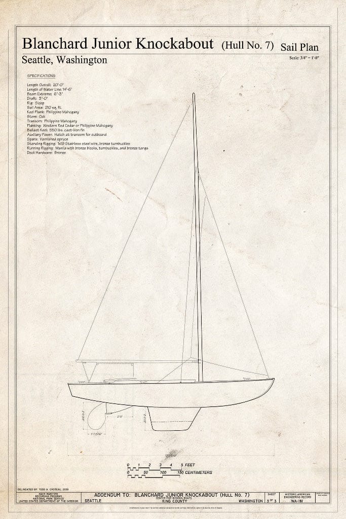 Blueprint Blanchard Junior Knockabout (Hull No. 7) Sail Plan - Blanchard Junior Knockabout, Hull No. 7, The Center for Wooden Boats, Seattle, King County, WA