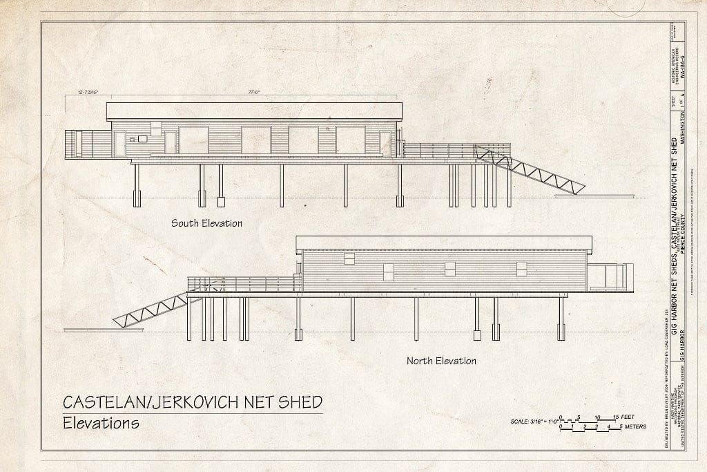 Blueprint Elevations: South, North - Gig Harbor Net Sheds, Castelan - Jerkovich Net Shed, 8200 Novak Street, Gig Harbor, Pierce County, WA