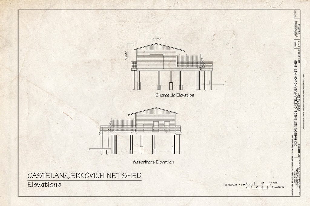 Blueprint Elevations: Shoreside, Waterfront - Gig Harbor Net Sheds, Castelan - Jerkovich Net Shed, 8200 Novak Street, Gig Harbor, Pierce County, WA