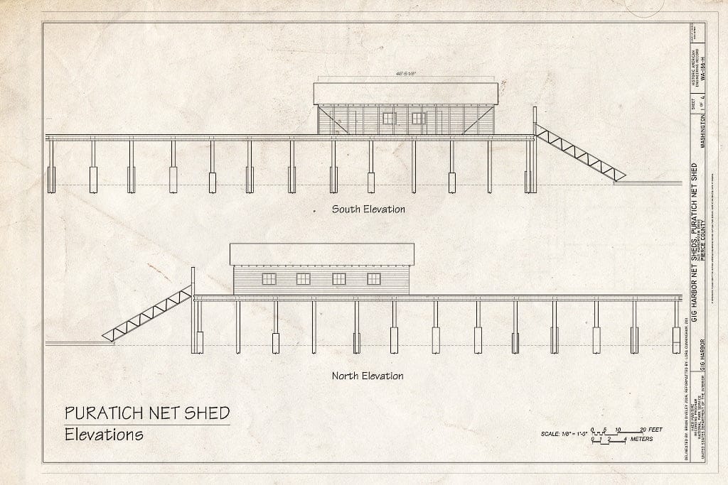 Blueprint Elevations: North, South - Gig Harbor Net Sheds, Puratich Net Shed, 3421 Harborview Drive, Gig Harbor, Pierce County, WA