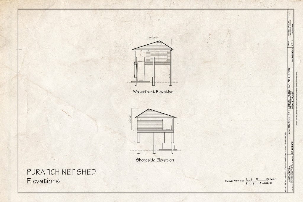 Blueprint Elevations: Waterfront, Shoreside - Gig Harbor Net Sheds, Puratich Net Shed, 3421 Harborview Drive, Gig Harbor, Pierce County, WA