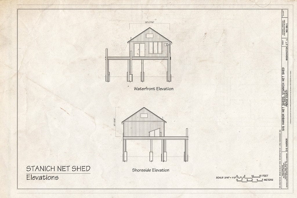 Blueprint Elevations: Waterfront, Shoreside - Gig Harbor Net Sheds, Stanich Net Shed, 8205 Dorotich Street, Gig Harbor, Pierce County, WA