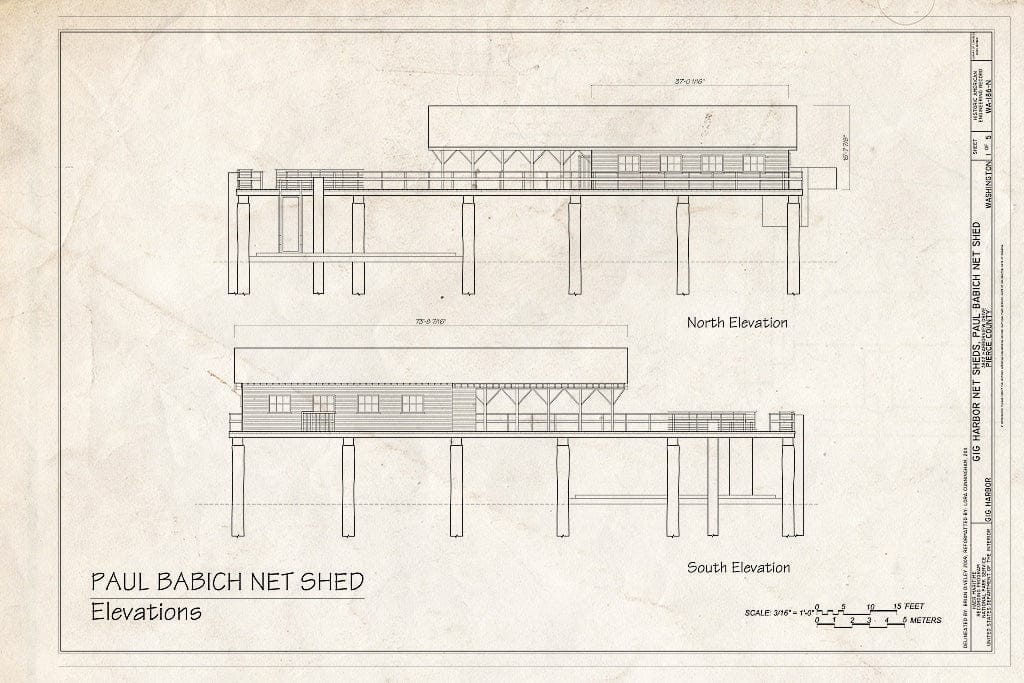 Blueprint Elevations: North, South - Gig Harbor Net Sheds, Babich Net Shed, 2915 Harborview Drive, Gig Harbor, Pierce County, WA