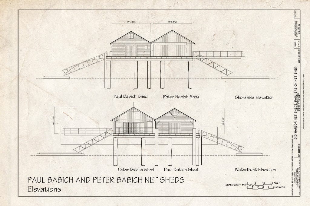 Blueprint Elevations: Shoreside, Waterfront - Gig Harbor Net Sheds, Babich Net Shed, 2915 Harborview Drive, Gig Harbor, Pierce County, WA