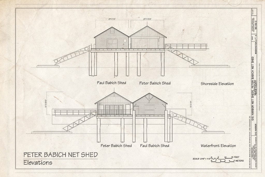 Blueprint Elevations: Shoreside, Waterfront - Gig Harbor Net Sheds, Babich Net Shed, 2700 Harborview Drive, Gig Harbor, Pierce County, WA