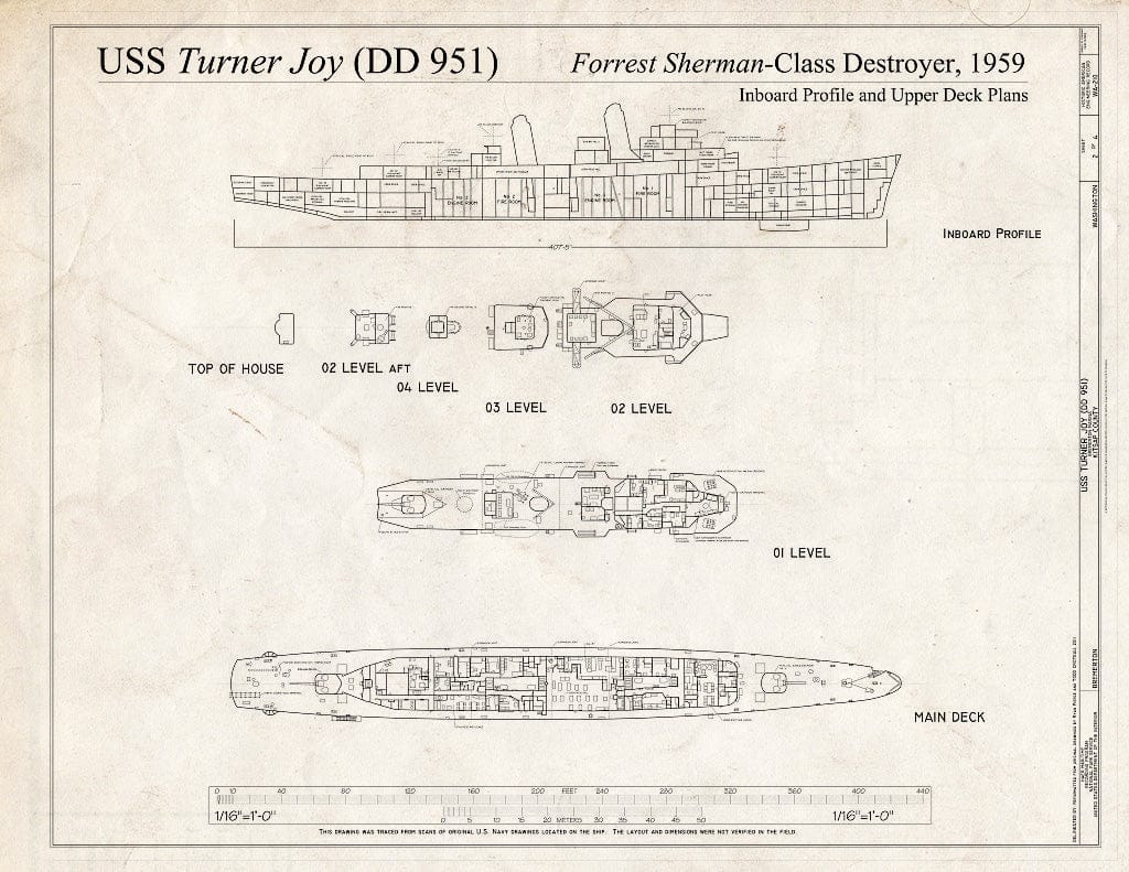 Blueprint 2. Inboard Profile and Upper Deck Plans - USS Turner Joy, Bremerton Marina, Bremerton, Kitsap County, WA