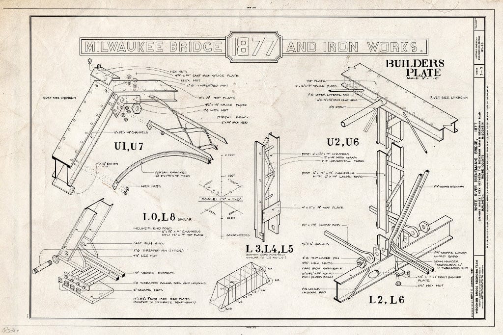 Blueprint Builders Plate; U1, U7; U2, U6; L0, L8; L3, L4, L5; L2, L6 - White River Bridge, Spanning Honey Creek on Bieneman Road, Burlington, Racine County, WI