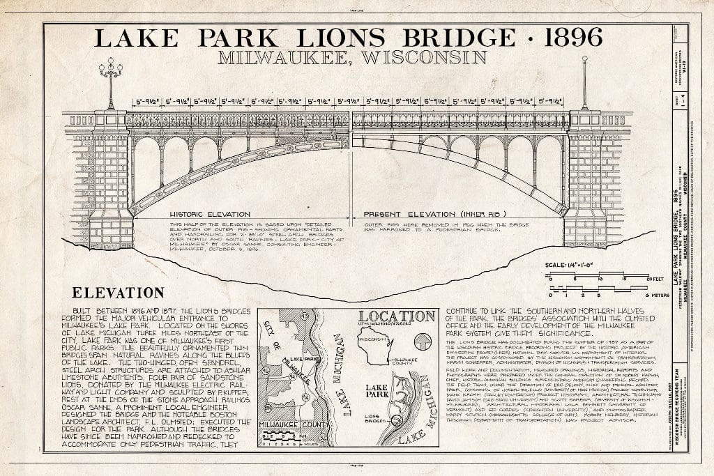 Blueprint Elevation (Historic and Present), Location Maps - Lake Park Lions Bridge, at Lighthouse in Lake Park, Milwaukee, Milwaukee County, WI