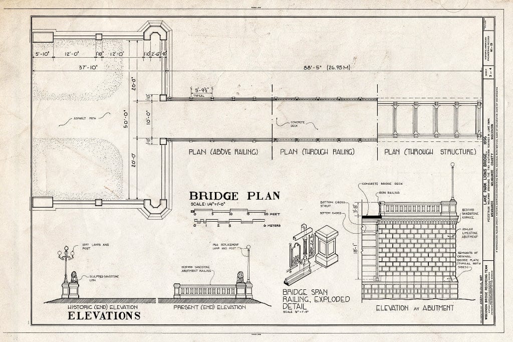 Blueprint Bridge Plans, Elevations (Historic and Present - Lake Park Lions Bridge, at Lighthouse in Lake Park, Milwaukee, Milwaukee County, WI