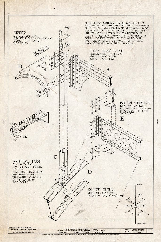 Blueprint Exploded View Drawing - Lake Park Lions Bridge, at Lighthouse in Lake Park, Milwaukee, Milwaukee County, WI