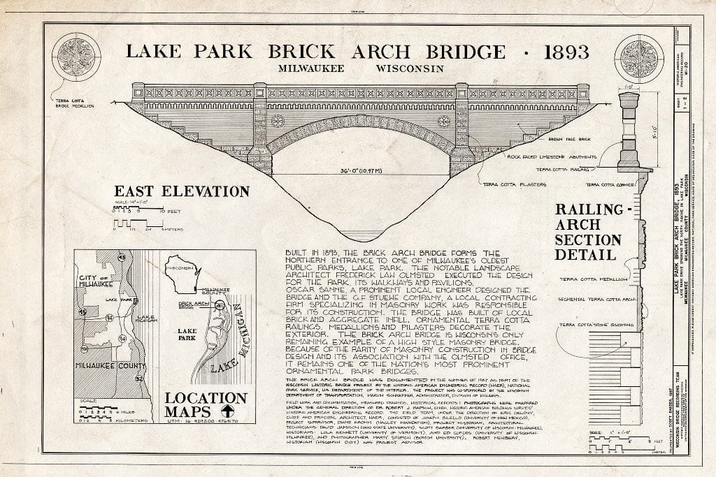 Blueprint East Elevation, Railing-Arch Section Detail, Location Maps - Lake Park Brick Arch Bridge, Lake Park Drive (North entrance to Lake Park), Milwaukee, Milwaukee County, WI