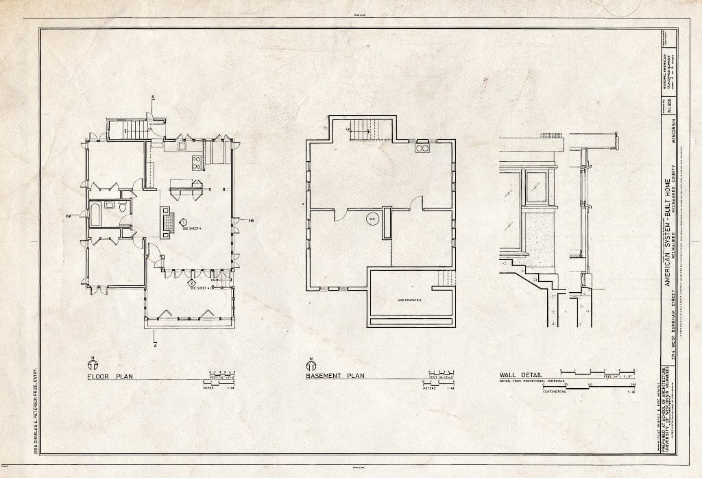 Blueprint 2. Basement and First Floor Plans; Wall Detail - American System-Built Home, 2714 West Burnham Street, Milwaukee, Milwaukee County, WI