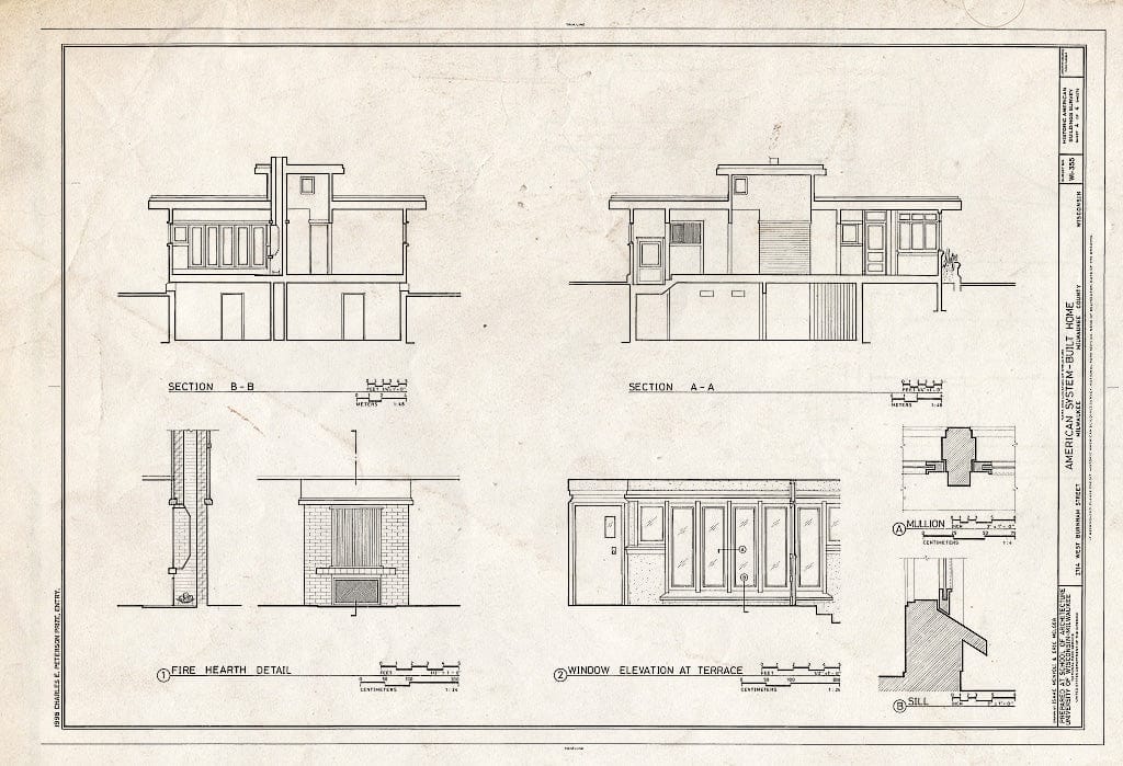 Blueprint 4. Sections; fire Hearth and Window Details - American System-Built Home, 2714 West Burnham Street, Milwaukee, Milwaukee County, WI