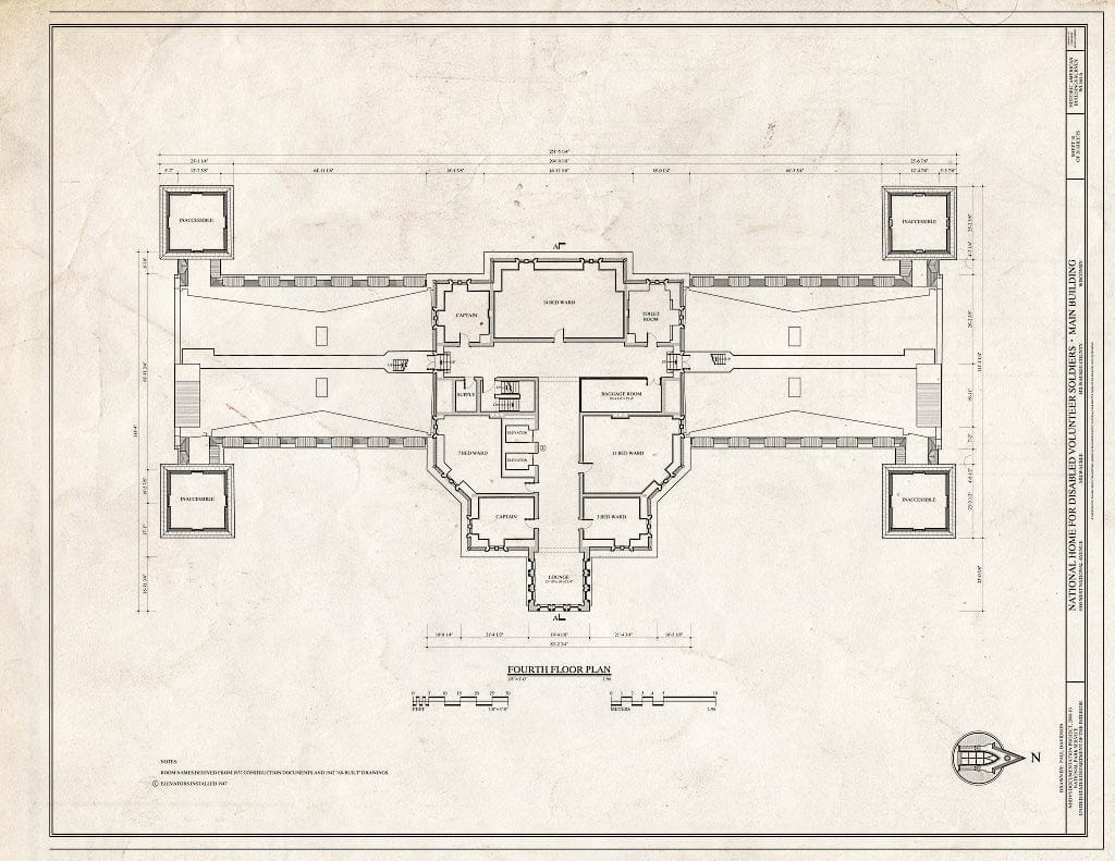 Blueprint Fourth Floor Plan - National Home for Disabled Volunteer Soldiers, Northwestern Branch, Main Building, 5000 West National Avenue, Milwaukee, Milwaukee County, WI