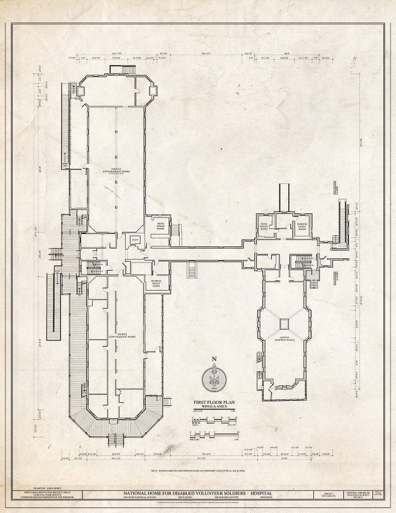 Blueprint First Floor Plan, Wings A & B - National Home for Disabled Volunteer Soldiers, Northwestern Branch, Hospital, 5000 West National Avenue, Milwaukee, Milwaukee County, WI