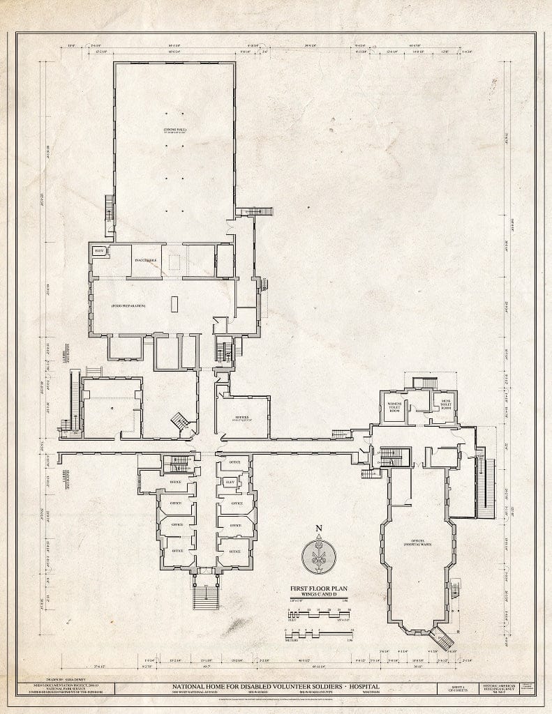 Blueprint First Floor Plan, Wings C & D - National Home for Disabled Volunteer Soldiers, Northwestern Branch, Hospital, 5000 West National Avenue, Milwaukee, Milwaukee County, WI