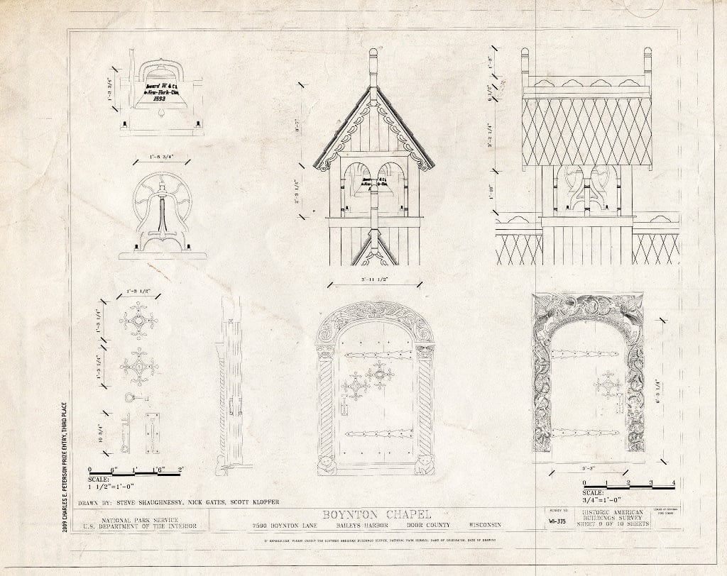 Blueprint Details of Doors, Bell & Cupola - Boynton Chapel, 7590 Boynton Lane, Baileys Harbor, Door County, WI