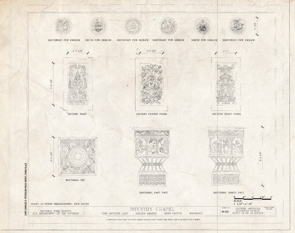 Blueprint Details of Baptismal Font, Lectern, Pew Emblems - Boynton Chapel, 7590 Boynton Lane, Baileys Harbor, Door County, WI