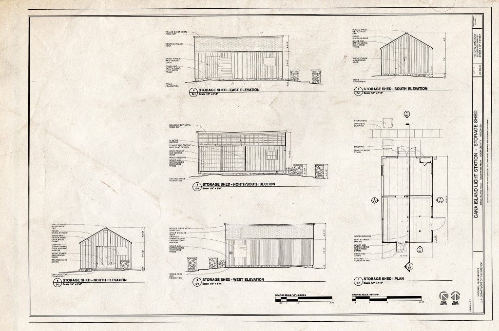 Blueprint East, South, North & West Elevations, Section, Plan - Cana Island Light Station, Storage Shed, Cana Island Road, Baileys Harbor, Door County, WI