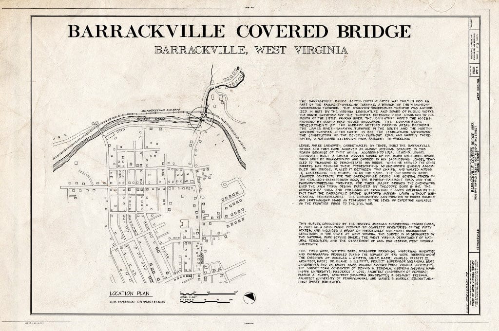 Blueprint Barrackville Covered Bridge, Title Sheet - Barrackville Covered Bridge, Spanning Buffalo Creek on Pike Street, Barrackville, Marion County, WV