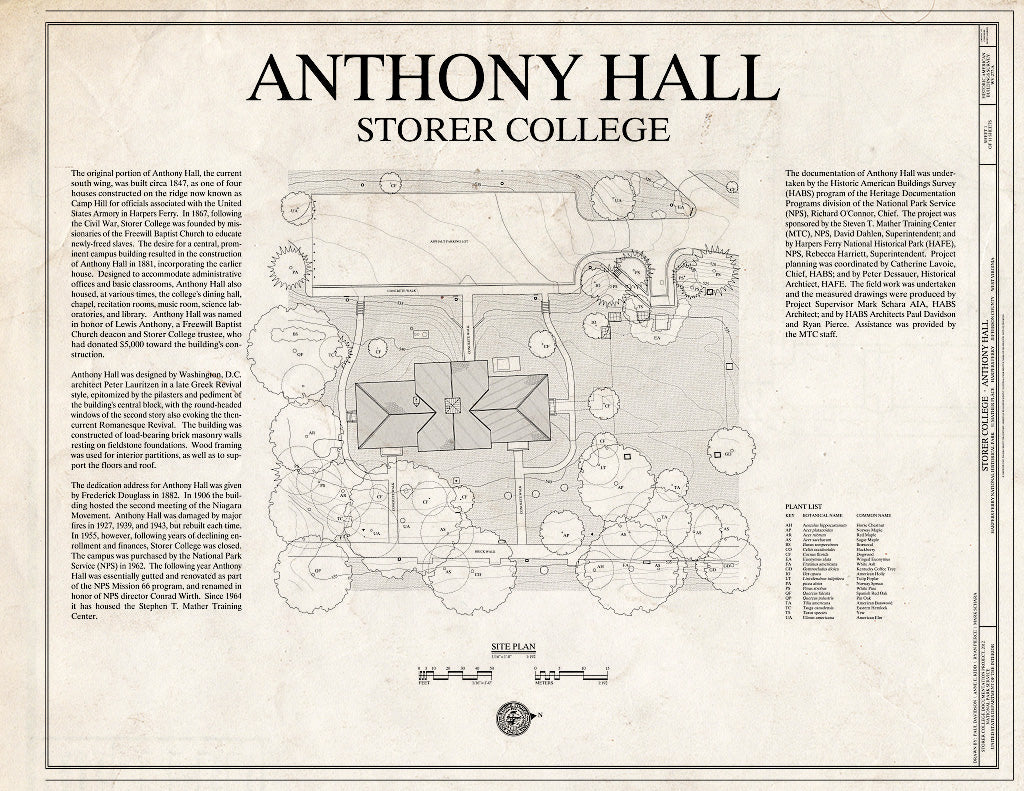 Blueprint 1. Site Plan - Storer College, Anthony Hall, Camp Hill, Harpers Ferry, Jefferson County, WV