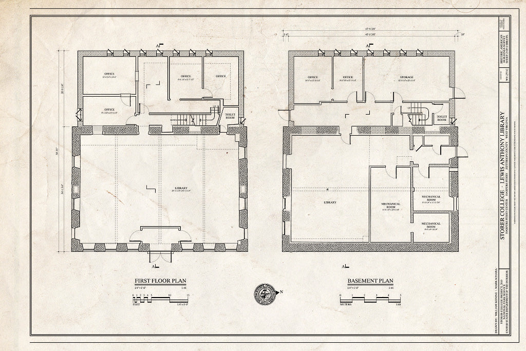 Blueprint Basement and First Floor Plans - Storer College, Lewis Anthony Library, Camp Hill, Harpers Ferry, Jefferson County, WV