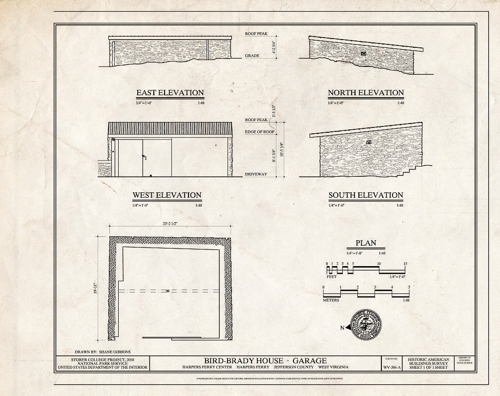 Blueprint Elevations and Plan - Bird-Brady House, Garage, Harpers Ferry Center, Harpers Ferry, Jefferson County, WV