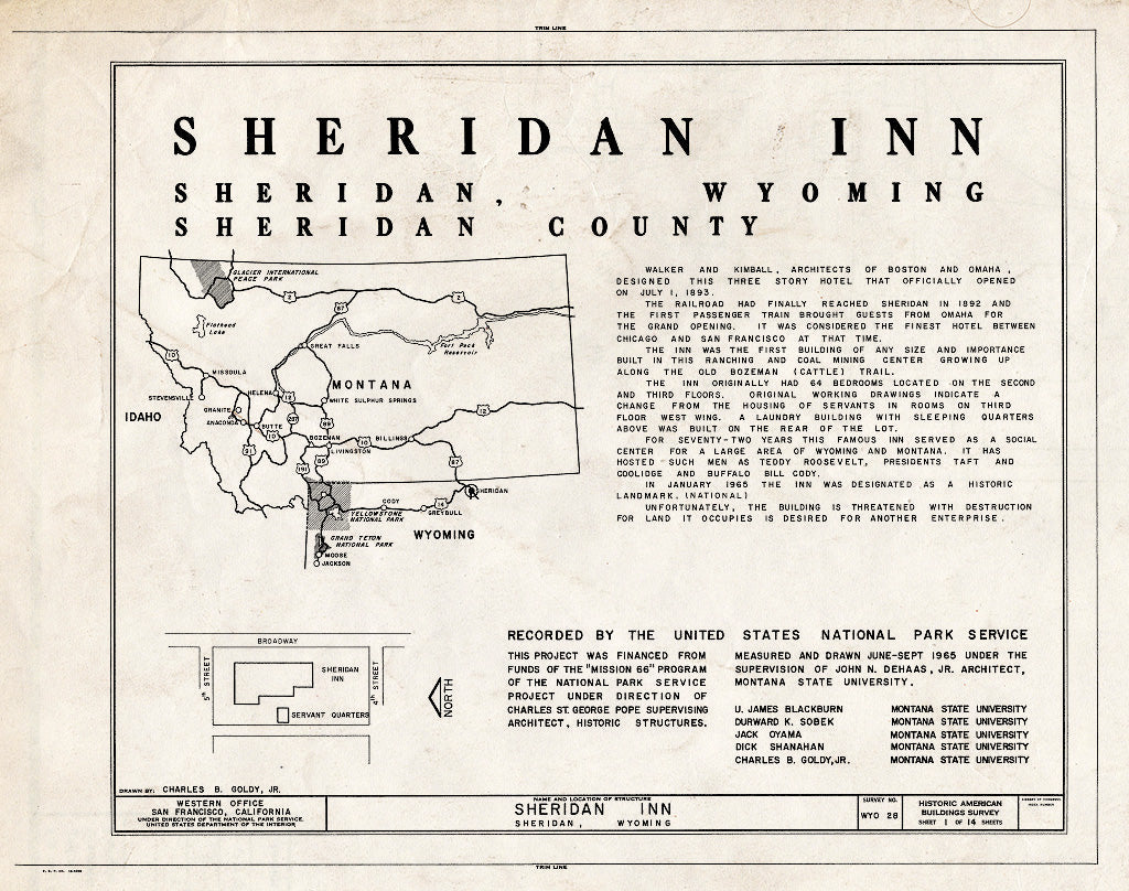 Blueprint 1. Cover - Sheridan Inn, Broadway Between 4th & 5th Streets, Sheridan, Sheridan County, WY