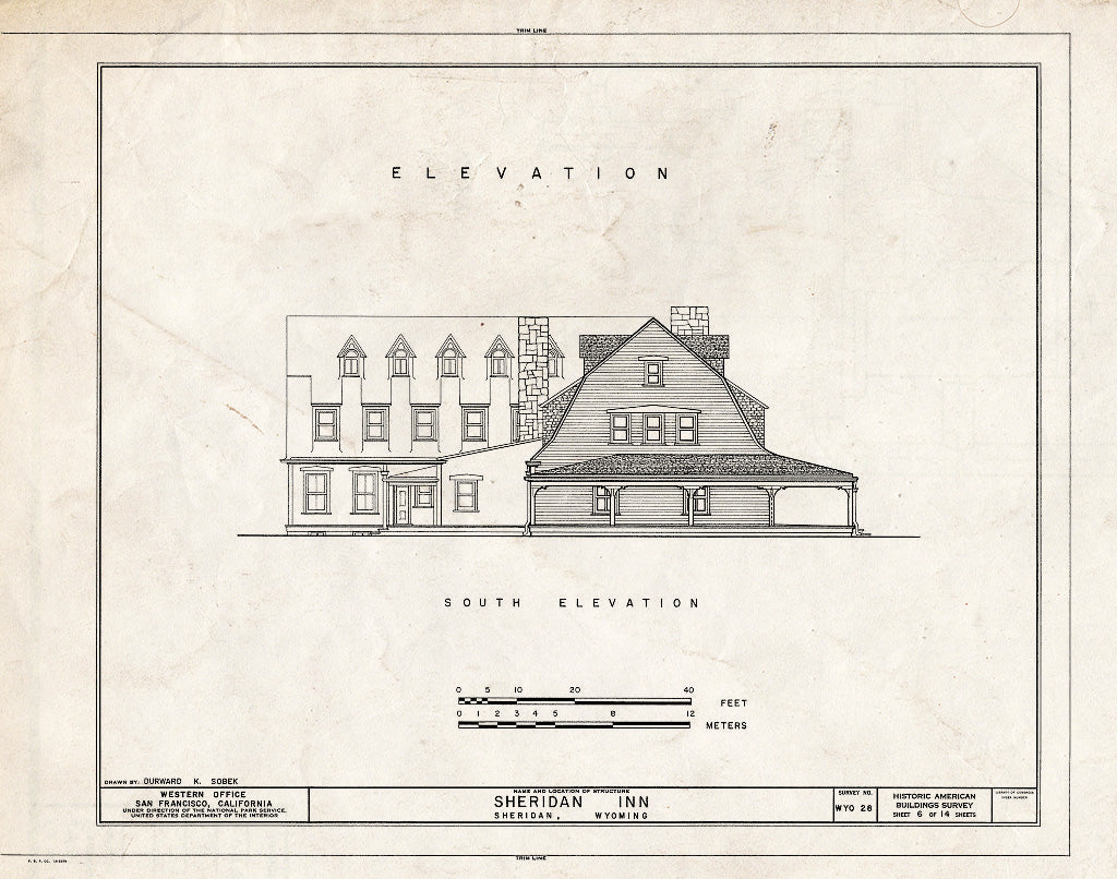 Blueprint 6. South Elevation - Sheridan Inn, Broadway Between 4th & 5th Streets, Sheridan, Sheridan County, WY