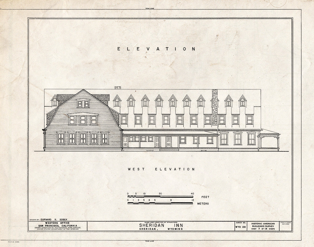 Blueprint 7. West Elevation - Sheridan Inn, Broadway Between 4th & 5th Streets, Sheridan, Sheridan County, WY