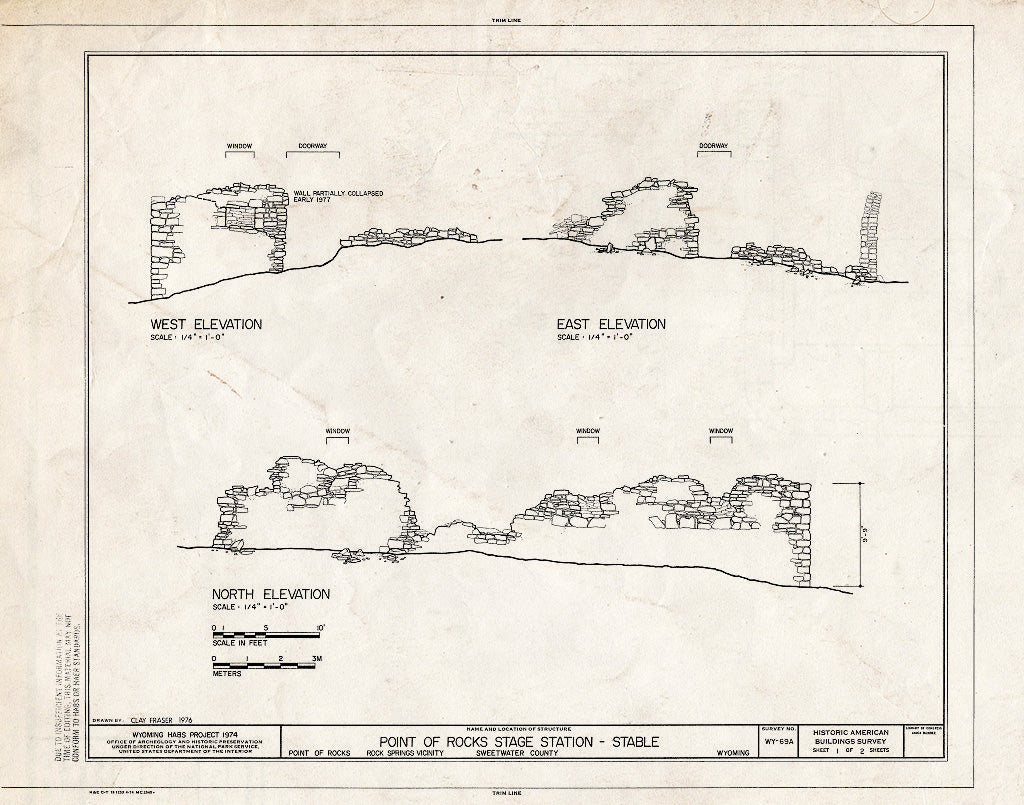 Blueprint Elevations - Point of Rocks Stage Station, Stable, Rock Springs Vicinity, Point of Rocks, Sweetwater County, WY