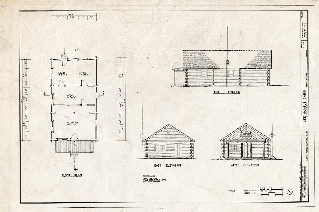 Blueprint Floor Plan, and South, East and West Elevations - Lee Mangus Cabin, Moose, Teton County, WY