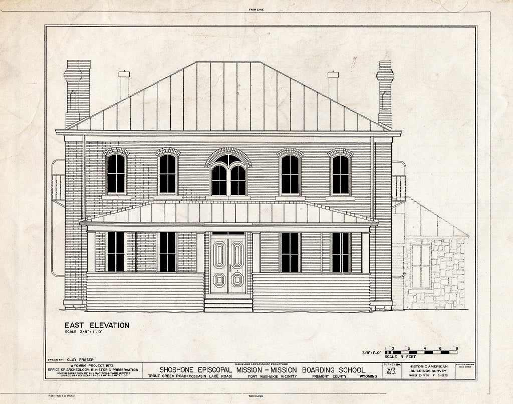 Blueprint East Elevation - Shoshone Episcopal Mission, Boarding School & Roberts Residence, Wind River Indian Reservation, Fort Washakie, Fremont County, WY