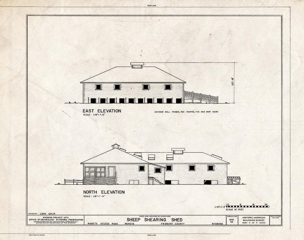 Blueprint East and North Elevation - Sheep Shearing Shed, Moneta Access Road, Moneta, Fremont County, WY