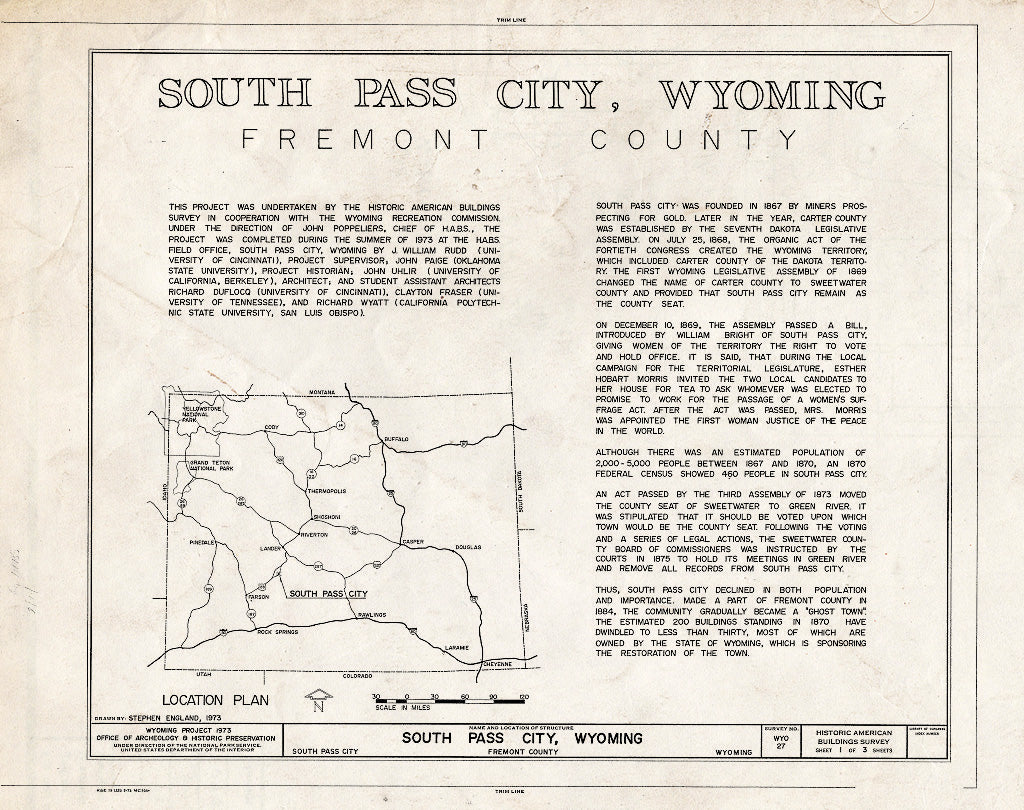 Blueprint Cover Sheet - South Pass City, General View, South Pass City, Fremont County, WY