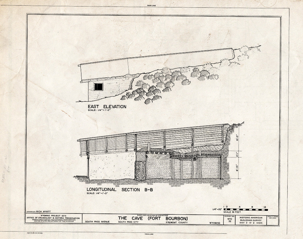 Blueprint East Elevation and Section - The Cave, South Pass Avenue, South Pass City, Fremont County, WY