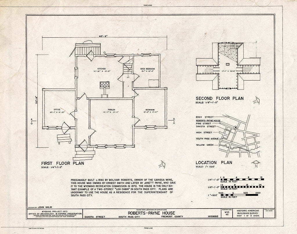 Blueprint First and Second Floor Plans - Roberts-Payne House, Dakota Street, South Pass City, Fremont County, WY