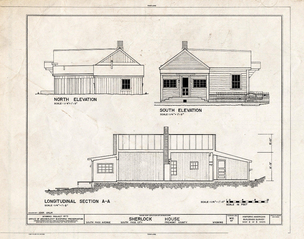 Blueprint Elevations and Section - Sherlock House, South Pass Avenue, South Pass City, Fremont County, WY