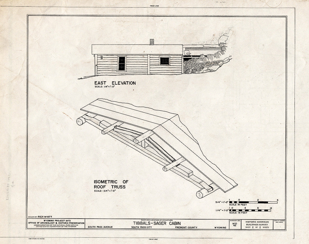 Blueprint East Elevation and Isometric of Roof Truss - Tibbals-Sager Cabin, South Pass Avenue, South Pass City, Fremont County, WY