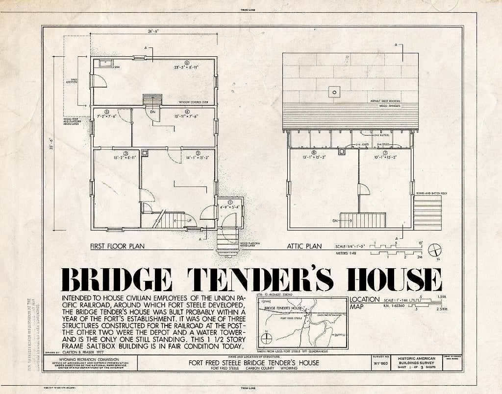 Blueprint First Floor & Attic Plans - Fort Fred Steele, Bridge Tenders House, Fort Steele, Carbon County, WY