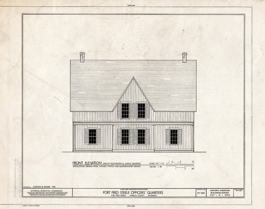 Blueprint Front Elevation - Fort Fred Steele, Officer's Quarters, Fort Steele, Carbon County, WY