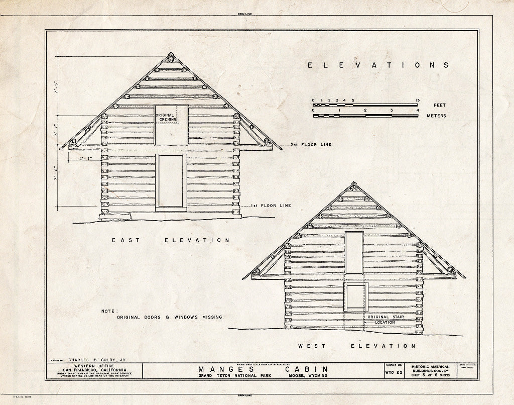 Blueprint East & West Elevations - James H. Mangus Cabin, Moose, Teton County, WY