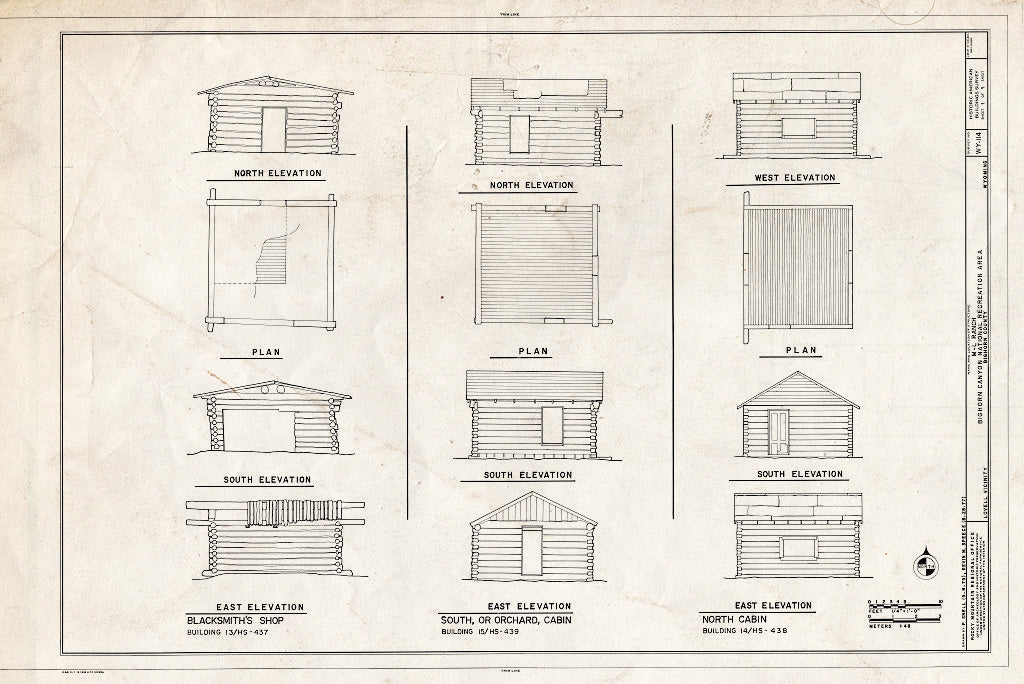 Blueprint Elevations and Plans of Blacksmith's Shop, South (Orchard) Cabin, and North Cabin - M-L Ranch, Lovell, Big Horn County, WY