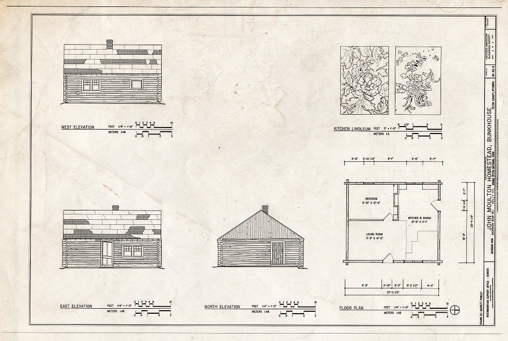 Blueprint Elevations, Floor Plan, and Kitchen Linoleum - John Moulton Homestead, Bunkhouse, Approximately 60 feet Southwest of House, Kelly, Teton County, WY