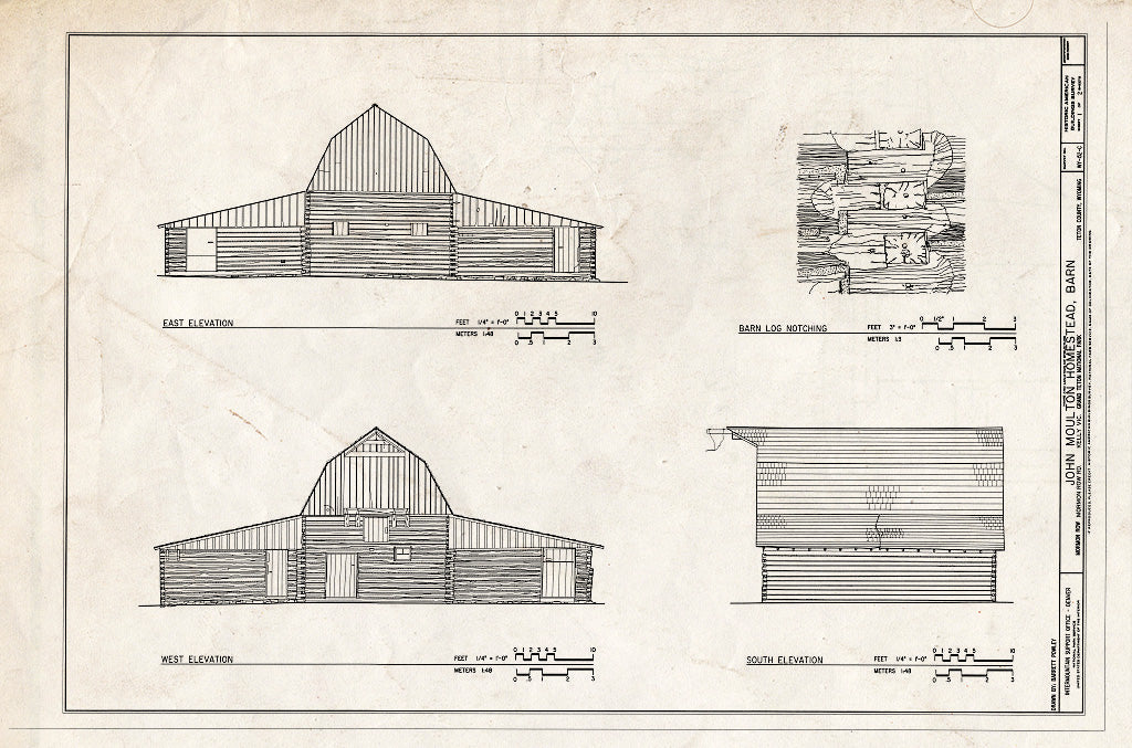 Blueprint Elevations & Barn Log Notching - John Moulton Homestead, Barn, Approximately 135 feet Northeast of House, Kelly, Teton County, WY