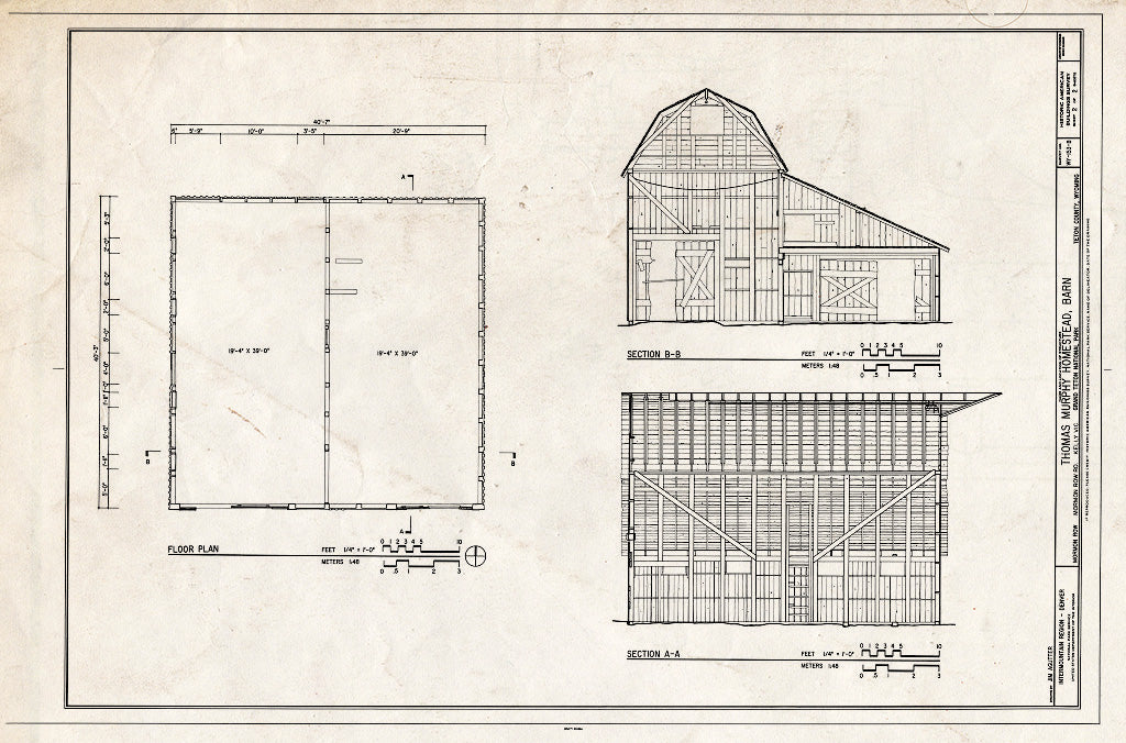 Blueprint Floor Plan & Sections - Thomas Murphy Homestead, Barn, Approximately 125 feet North of House, Kelly, Teton County, WY