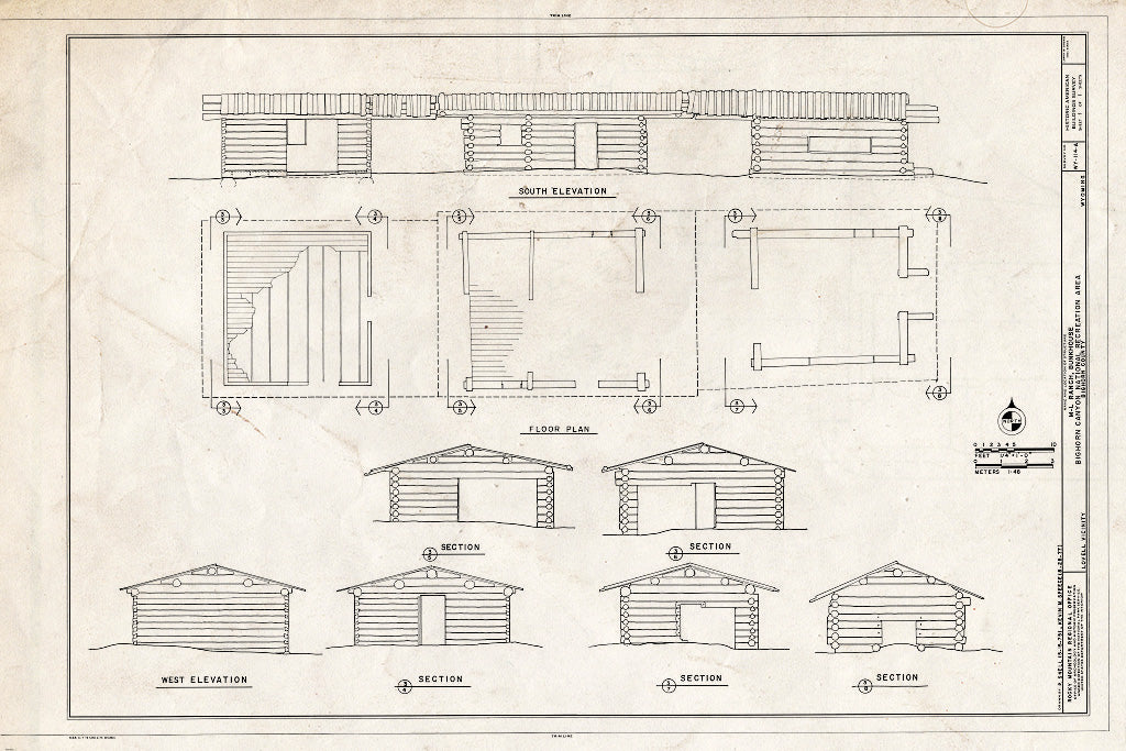 Blueprint Elevations, Floor Plan and Sections - M-L Ranch, Bunkhouse, Lovell, Big Horn County, WY