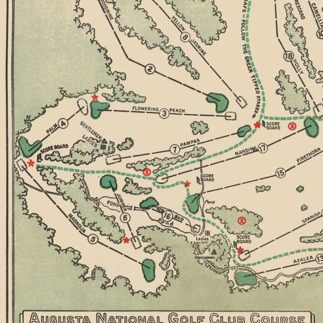 Historic Golf Course Map - Augusta National Golf Club Course, 1954 - Vintage Wall Art