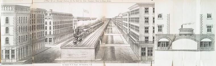 Art Print : 1867, A Plan for an Elevated Railway for New York City, from Chambers Street to Kings Bridge. - Vintage Wall Art